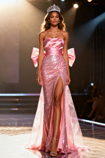 Sparkly Light Pink Sequin Strapless Long Pageant Dress with Slit